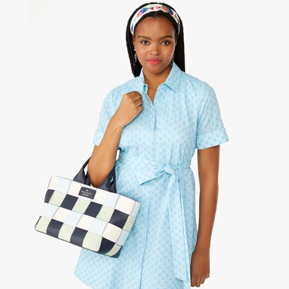 NEW - Kate Spade Woven Tote Bag - Navy, Green, Cream - Picture 3 of 5